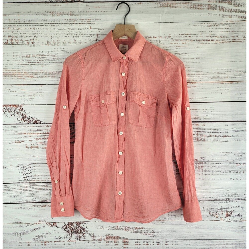 J.Crew The Perfect Shirt Womens Size XS Roll-Tab Button-Up Top Pockets Coral